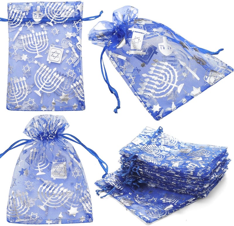 Vincreem 60 Piece Hanukkah Sachet Mesh Bags Chanukah Gift Treat Bags for Hanukkah Party Favor Candy Milk Chocolate Coins & Cookies - Image 1